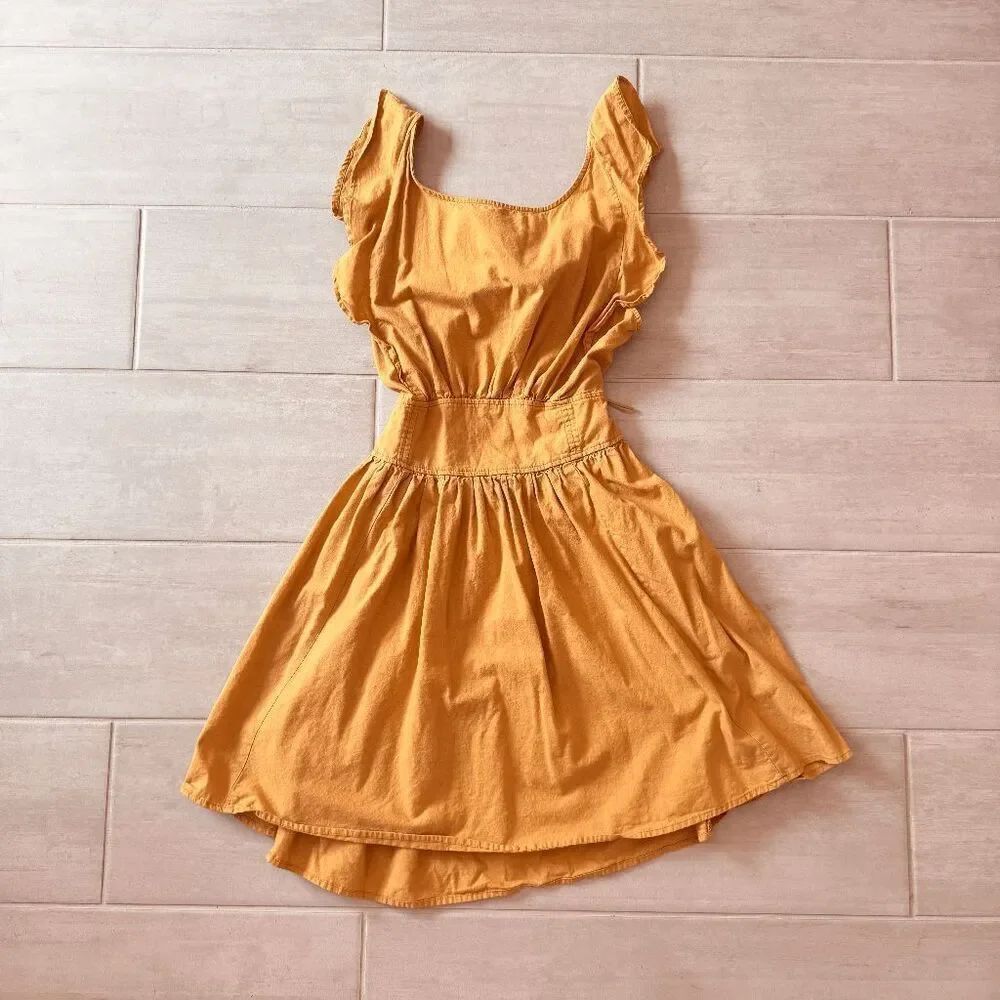 Wishlist Apparel Tie Back Mini Dress 100% Cotton Tangerine Gold Yellow Smocked M